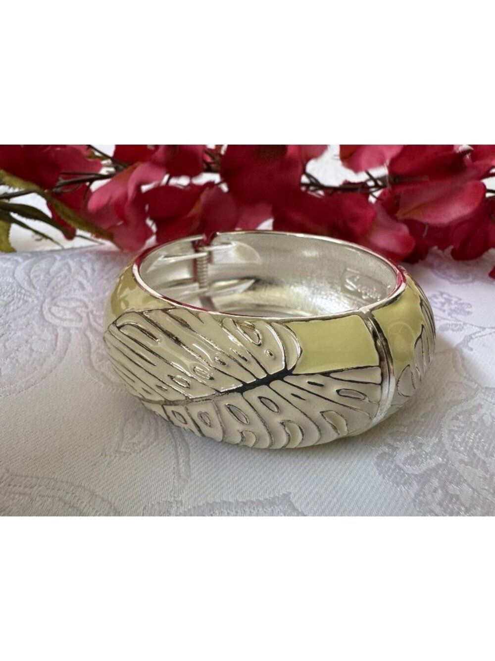 Sequin Cloisonne Bracelet Yellow SilverTone Leaf Wide Cuff Bangle Hinged NEW